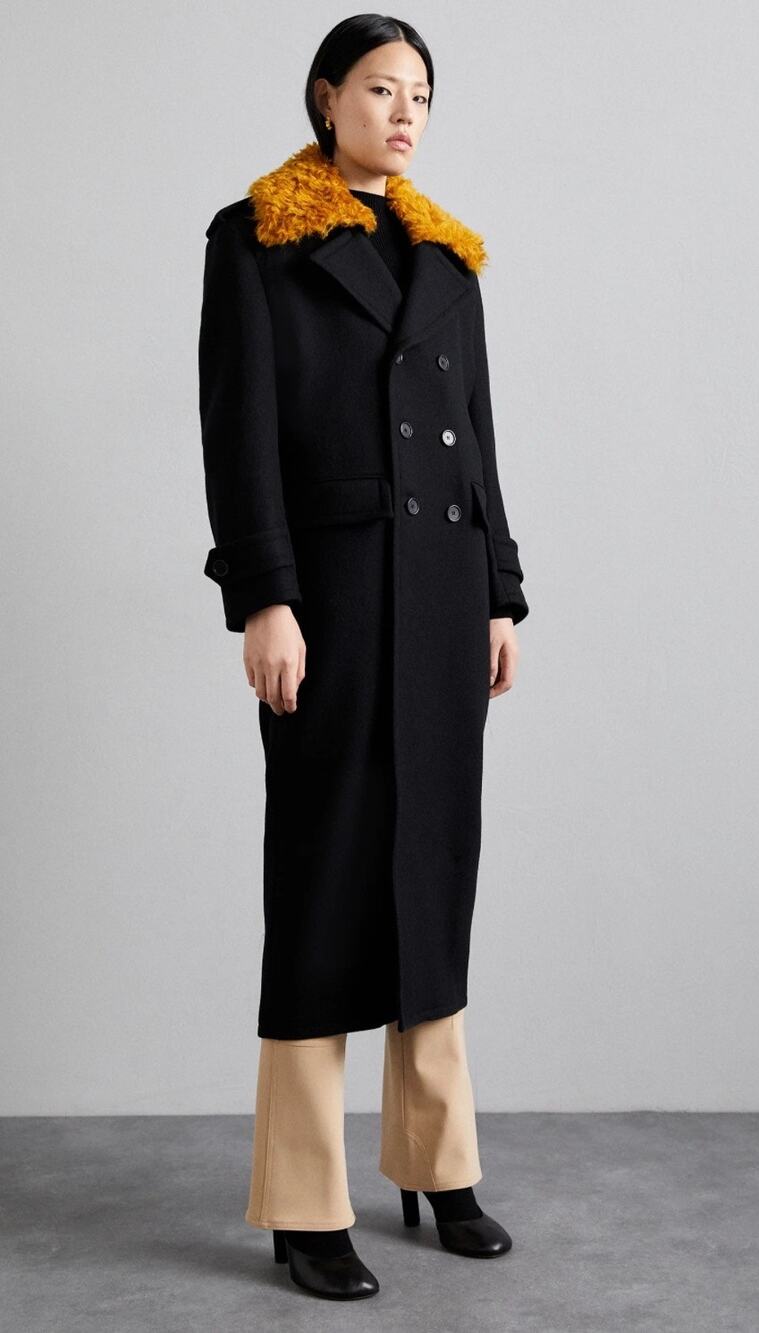 Filippa K Longline Wool Peacoat Black Faux Fur Collar